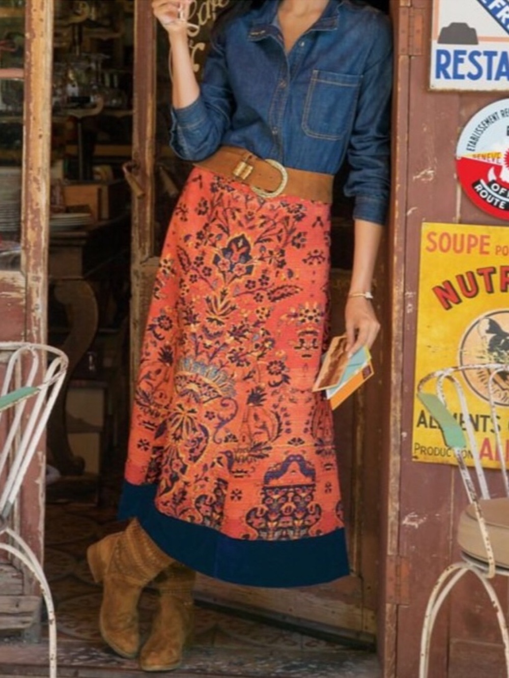 Soft Surroundings Baroque Tapestry Velvet Border Maxi Skirt Western Boho Size L